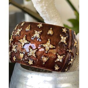 Bronze Enamel Gold & Crystal Kenneth Jay Lane Hearts & Star Bangle Bracelet